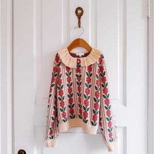 Bonjour Floral Patterned Sweater with Ruffled Collar
